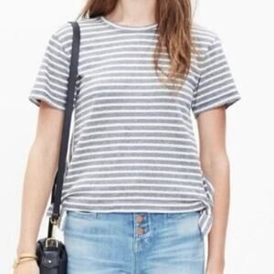 Madewell Women's T-Shirt sz XS Striped Gray Cream Side Tie short sleeve top